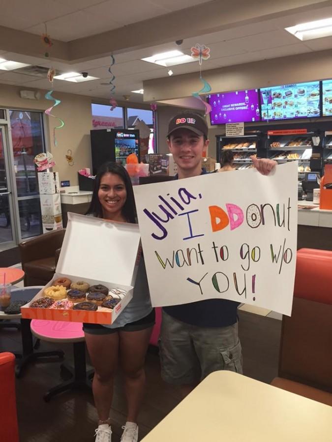 “I work at Dunkin Donuts…[Julia] comes in a lot and sees me working, so I had it where she was coming to stop by and I was waiting for her,” said junior Jake Antenore, asking senior Julia Jimenez.