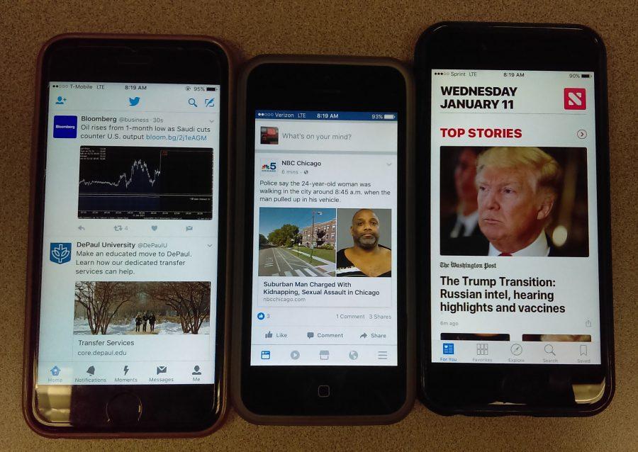 Modern media news outlets include the apps Twitter, Facebook and News.