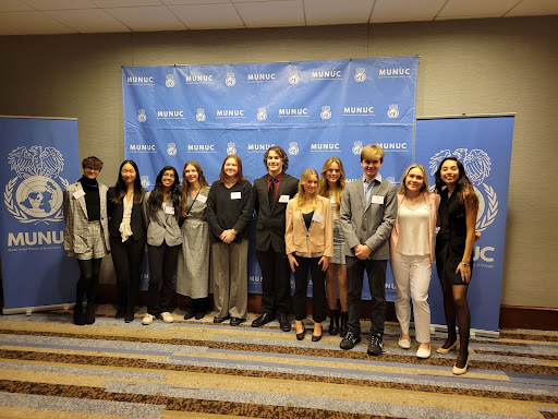 MHS’s Model UN team at the MUNUC conference in Chicago. This was the first one to be held in person since the Covid-19 Pandemic. Jesse Piland, social studies teacher and an adviser on the club described the experience during the pandemic  “It was very difficult to sustain. Most diplomacy happens face-to-face. Zoom was difficult.”