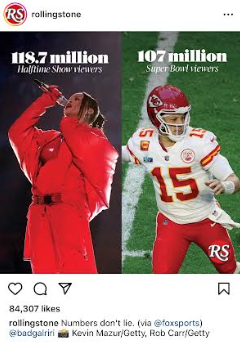 Rolling Stone Magazine posted this on their Instagram on Feb. 13, comparing the viewers for the Super Bowl and the viewers for the Super Bowl halfime show. 