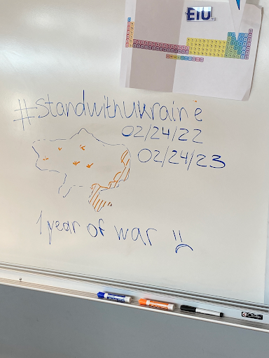A whiteboard drawing noting the one year of war Ukraine has endured seen on Feb. 25 in the stem lab. Social Studies teacher Susan Theotokatos described the effect of the war in Ukraine, “Death and destruction has befallen much of Ukraine, especially in areas that have felt constant military bombardment.” 